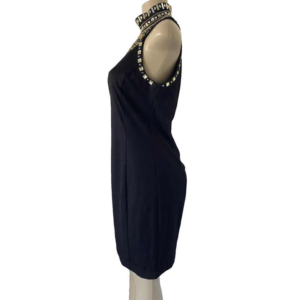 Grayse Black Dress Mock Neck Rhinestone Bead Gold Sheath Knit Sleeveless Mini L - Picture 3 of 11